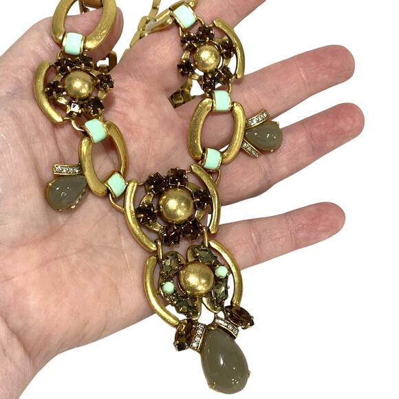 Stella & Dot Livvy Bib Necklace Runway Drama Statement Gold Chain & Sage Stones - Picture 4 of 11